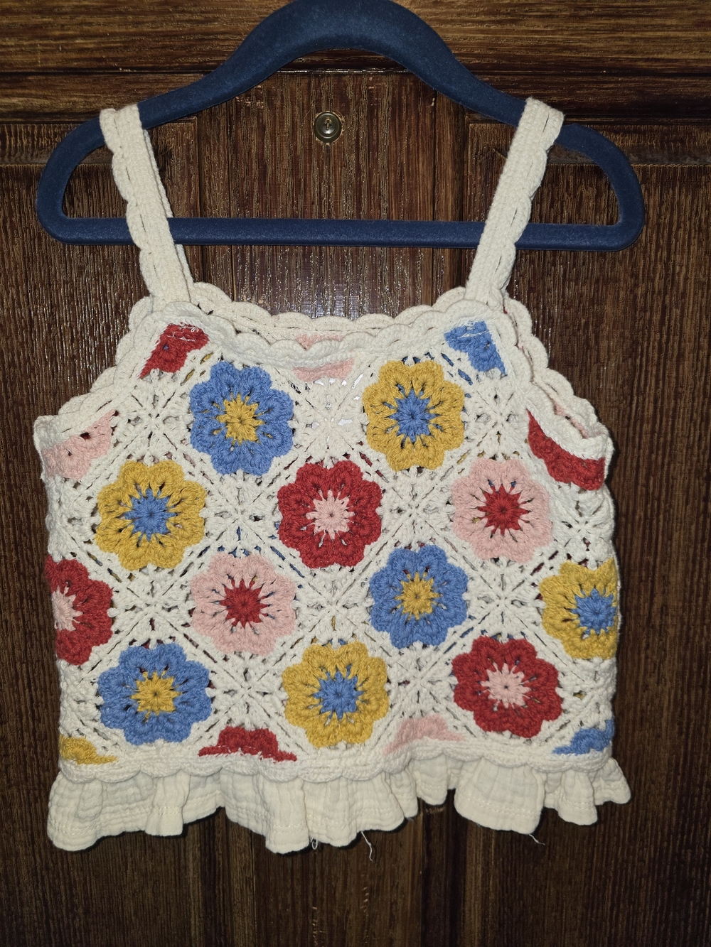 Rare Editions Cream Crochet Floral Tank Top with Blue, Yellow, Red, Pink Accents